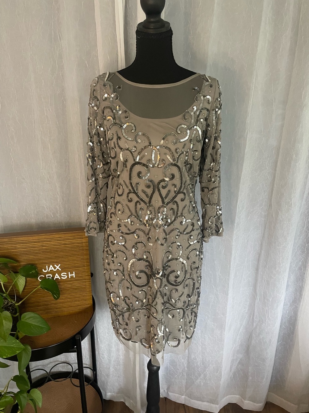 Aidan Mattox Taupe Beaded Sheer Long Sleeve Cocktail Dress